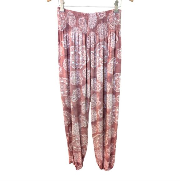 Lotus and Luna Harem Pants Mandala Smocked Waist Pink S/M - Picture 1 of 9